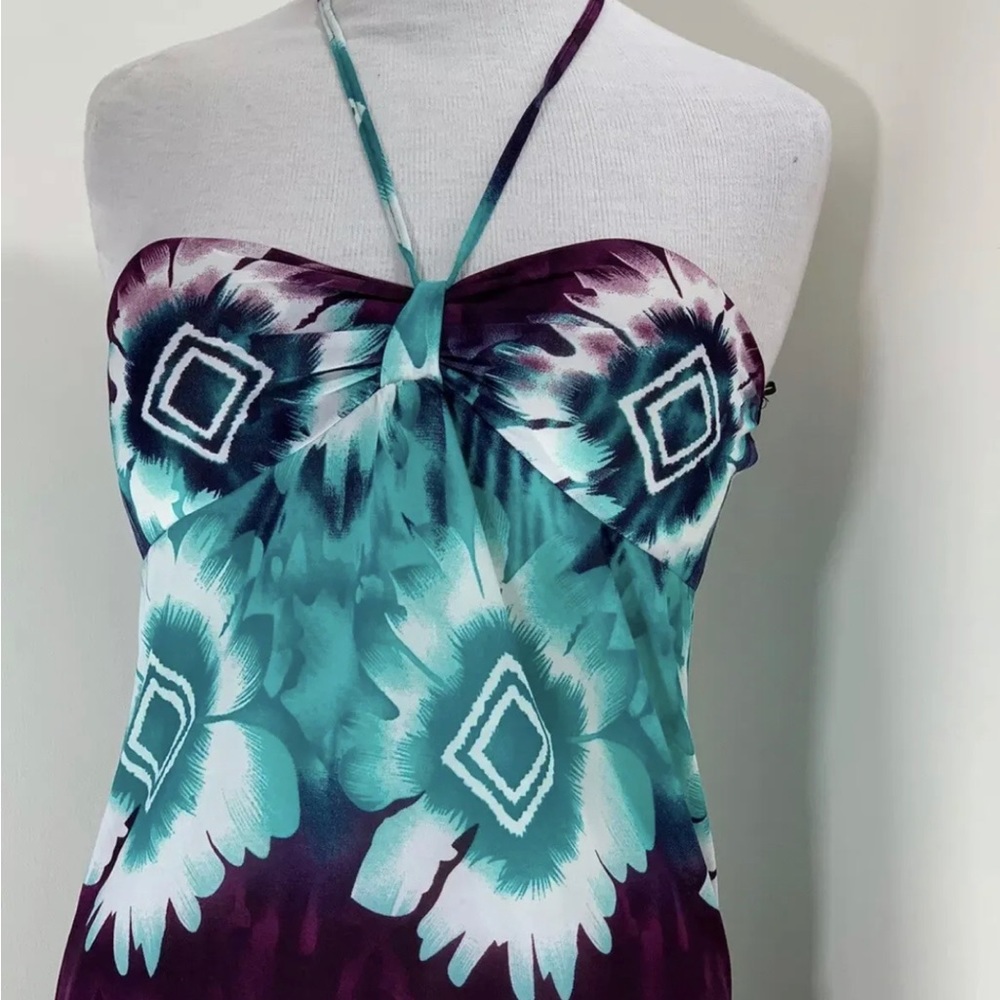 Summer Maxi Dress Bandeau Halter Top Multicoloured Stretch Green Purple L 10-12 - Picture 7 of 8